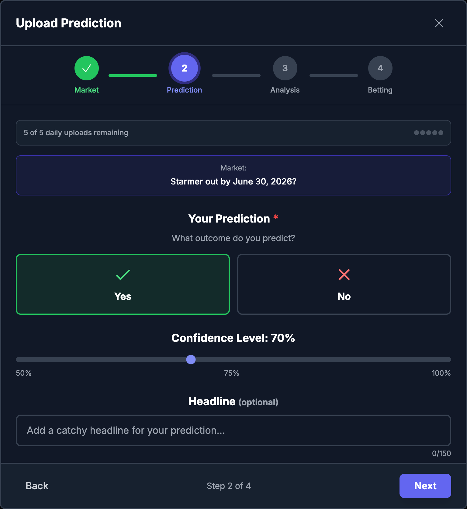 Screenshot of the prediction selection and confidence slider