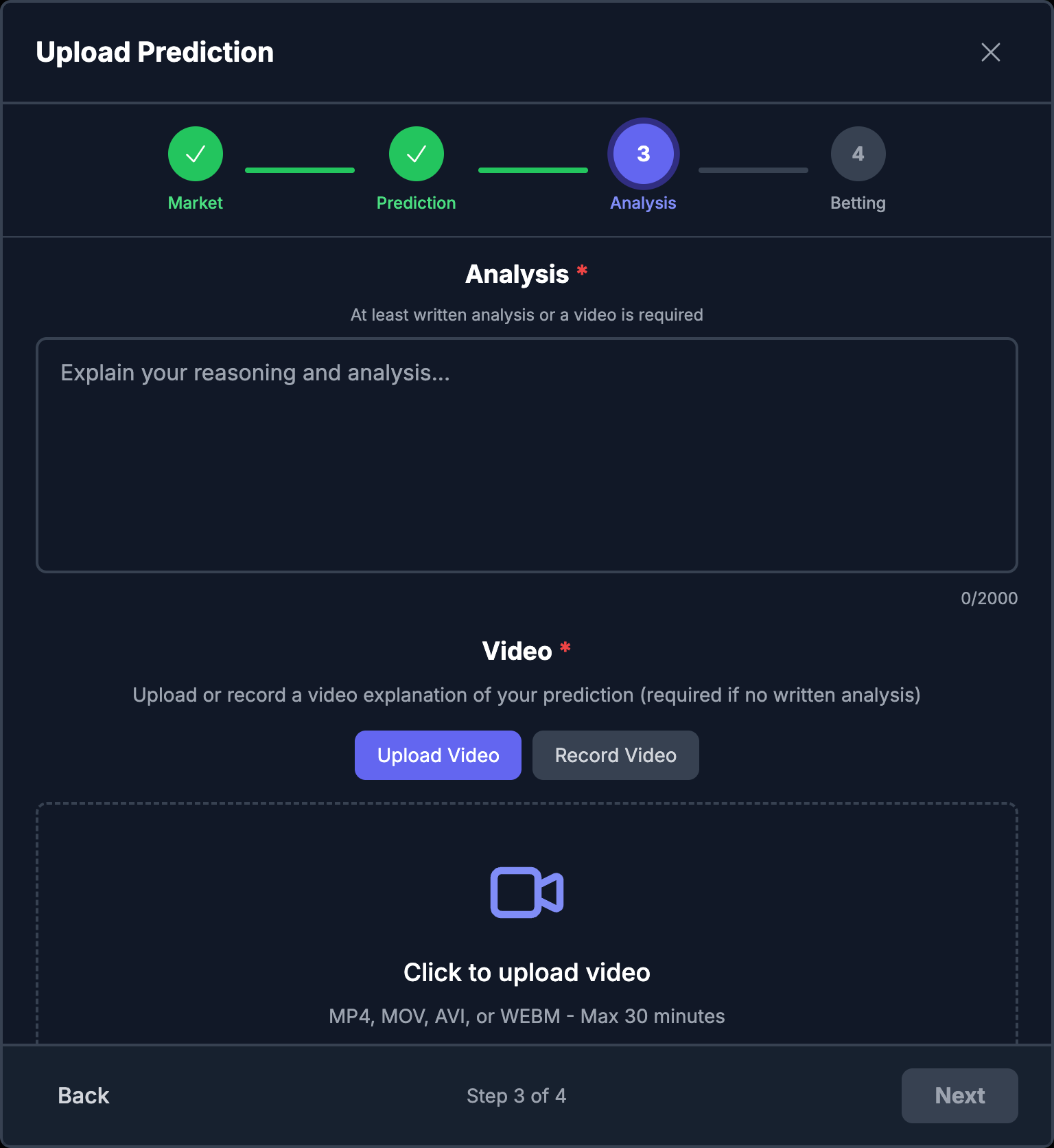 Screenshot of the analysis and video upload step